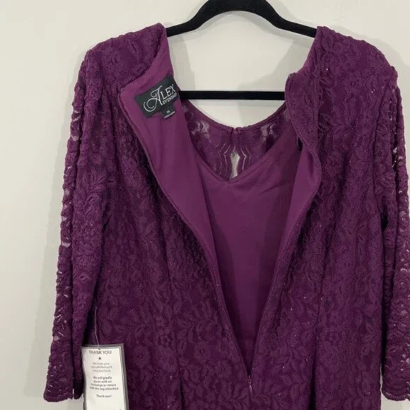 NEW Alex Evenings Purple One‎ Piece Lace Jacket 3/4 Sleeve Cocktail Dress 14 - Picture 8 of 11